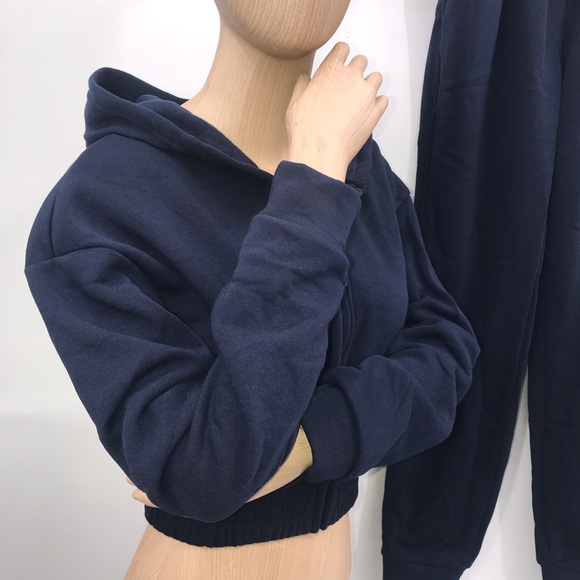 🆕Navy Sweatsuit Jogger Loungewear CropTop Zip Front Coat & Pants W/Pockets - Picture 12 of 13